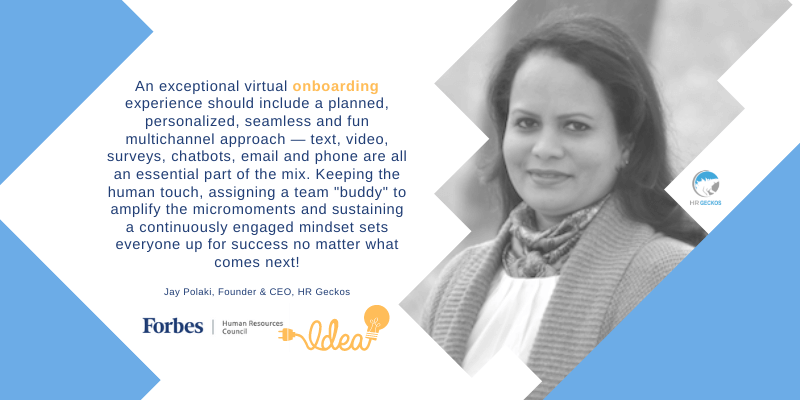 A grayscale portrait of a smiling woman is on the right. On the left, the text highlights the importance of engaging in virtual onboarding strategies. Logos for Forbes, HR Geckos, and Idea are at the bottom.