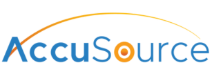 Logo of AccuSource featuring the name in blue and orange text, with a curved orange line above resembling a rising sun or arc, set on a transparent background, partner of HR Geckos.